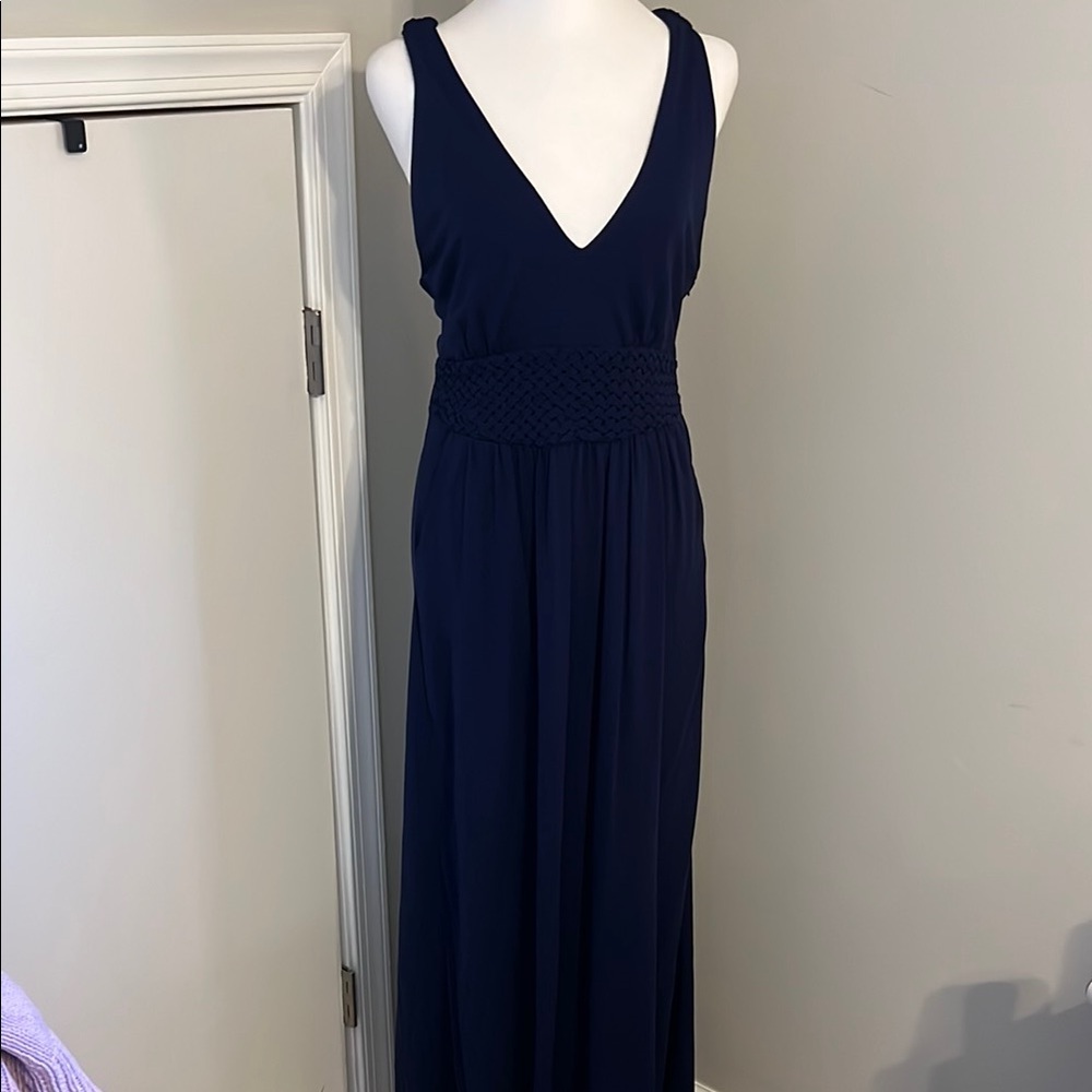 Maeve Anthropologie Navy Blue Braided Waist Maxi Dress V-Neck Sleeveless Size 8 - Picture 2 of 8